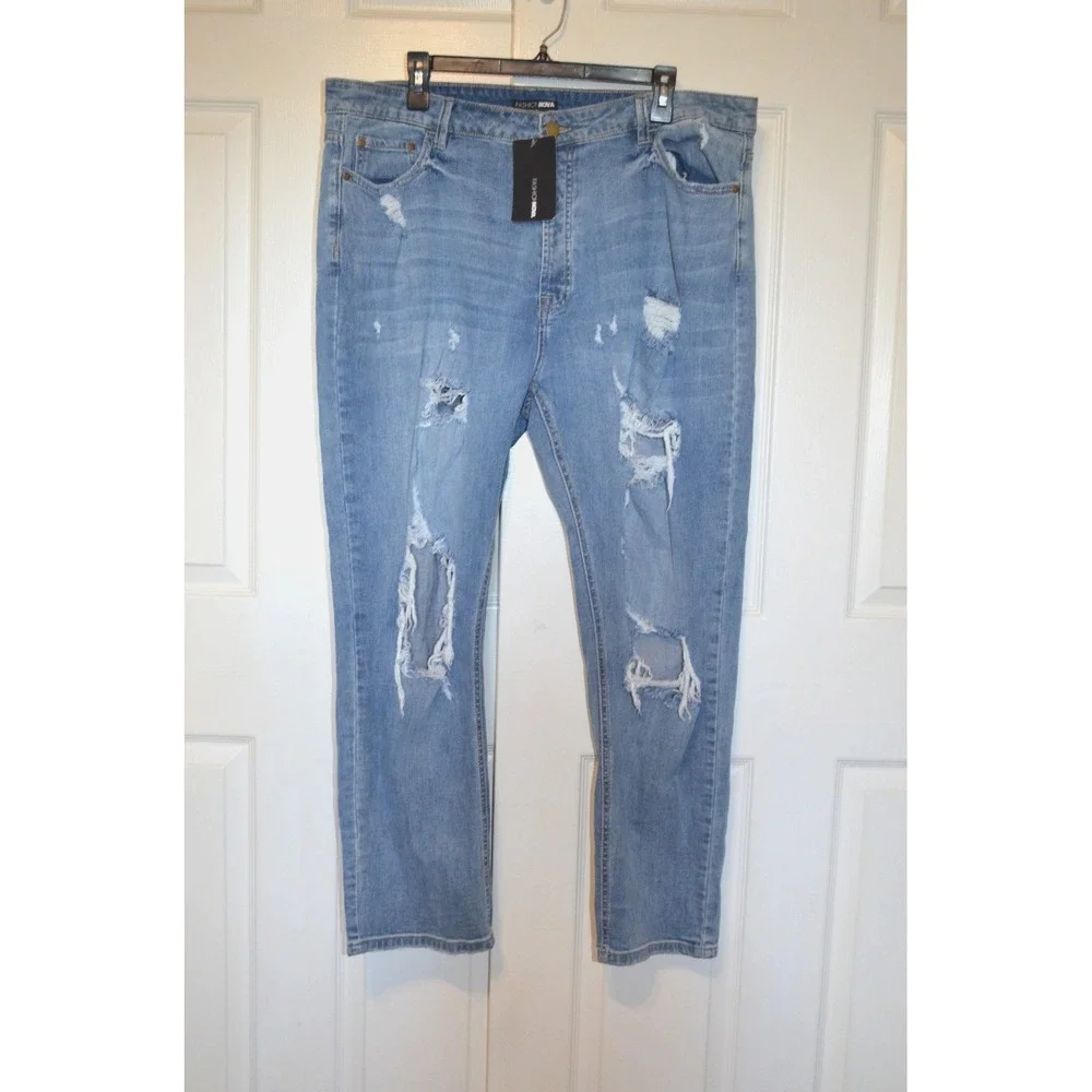 Fashion Nova Sandra Boyfriend Jeans Button Fly Womens 18 Ripped Distressed Nwt's